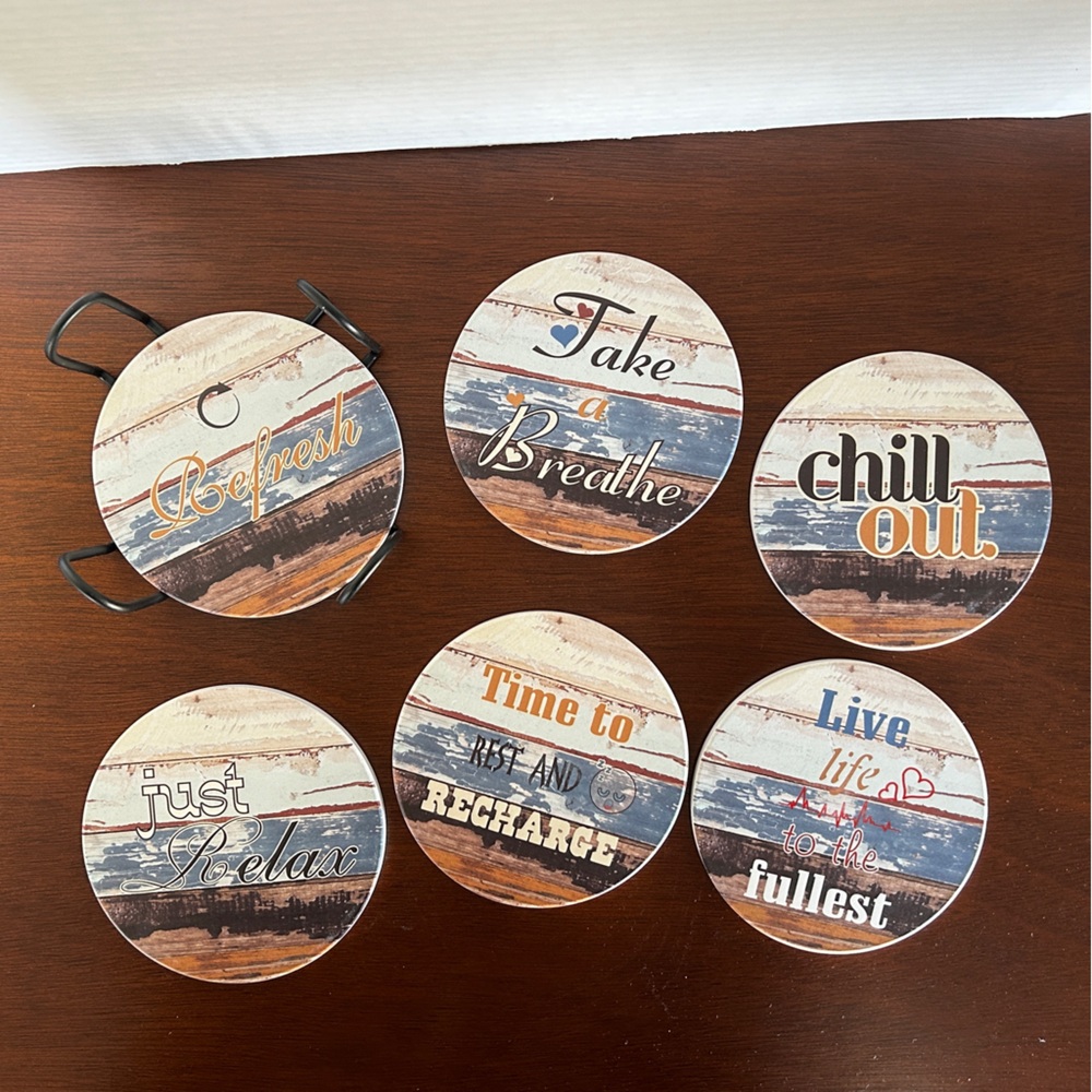 6 Absorbent Ceramic Coasters with Cork Backs and Holder Mindfulness Message